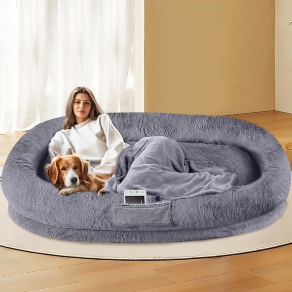 Human  Bed for Large Dogs and , Washable  Pet Couch with Removable Cover & Blanket, Supportive Memory  Lounger 71"x47" (Dark Gray)