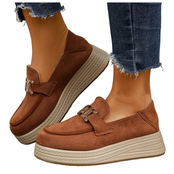 Orthopedic Loafers Shoes for Women Suede Arch Support Platform Slip on Round Toe Wide Width Lightweight Boat Shoes Brown Size 6.5