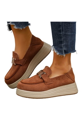 Orthopedic Loafers Shoes for Women Suede Arch Support Platform Slip on Round Toe Wide Width Lightweight Boat Shoes Brown Size 9
