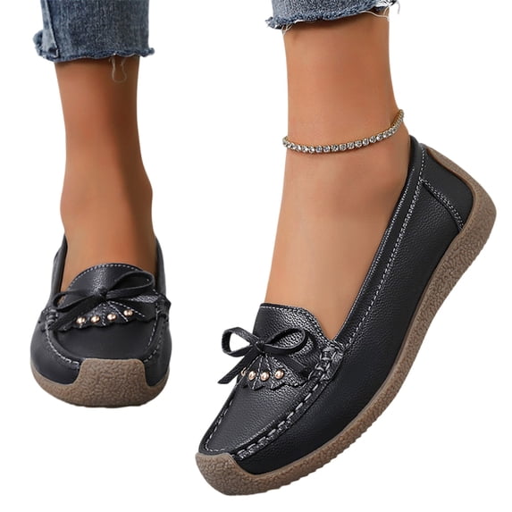 Orthopedic Loafers for Women Low Shoes Comfortable Lightweight Flat Dress Shoes Slip-On Round Toe Soft Leather Walking Shoes for Office Casual Daily Wear,Black 36