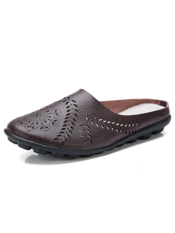 Orthopedic Loafers for Women Low Shoes Comfortable Lightweight Flat Dress Shoes Slip On Round Toe Soft Leather Walking Shoes for Office Casual Daily Wear with Flower Design,Coffee 40