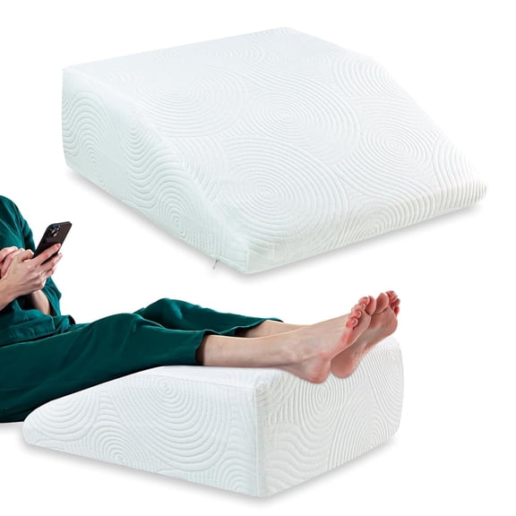 Orthopedic Memory Foam Bed Wedge Pillow, Elevated Leg Rest Pillow, White - 24 L X 21 W X 7 H Inches | For Improved Circulation, Acid Reflux, Back, Leg, Sciatica Pain Relief, Post Surgery