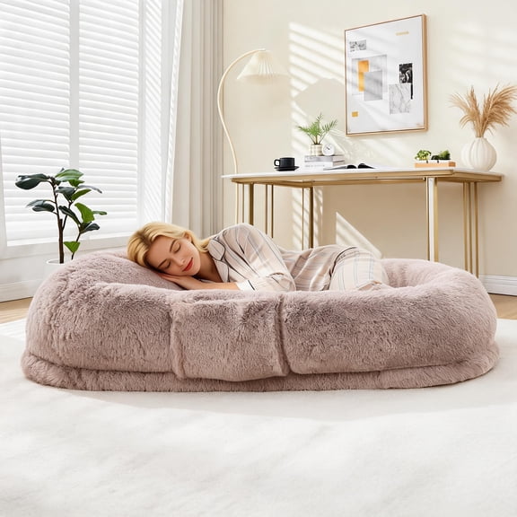 Orthopedic Memory Foam Dog Bed for Adults & Pets – Oversized Bean Bag Sofa, Washable Faux Fur Cover, Side Pocket, Waterproof, Calming Nap Couch for Living Room or Bedroom – Light Brown