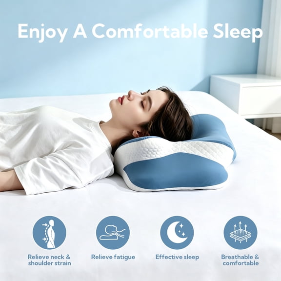 SUNNY HEAT Cervical Pillow for Neck Pain Relief, Orthopedic Memory Foam, Ergonomic Support for All Sleepers, Cooling & Washable Pillowcase, Blue White