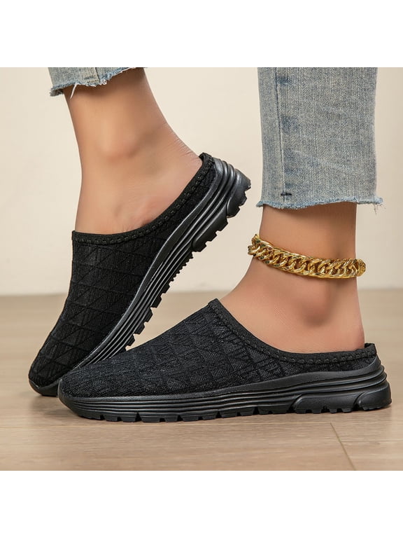 Orthopedic Mule Clogs for Women Knitted Slip On Lightweight Mule Sneakers with Arch Support Closed Round Toe Open Back Breathable Flats Shoes Comfortable Low Top Outdoor Walking Shoes,Black,41
