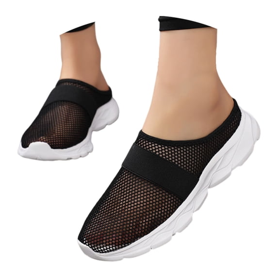 Orthopedic Mule Clogs for Women Stretch Knitted Platform Closed Round Toe Comfortable Breathable Air Cushion Walking Sliipers Open Back Wedge Heel Casual Mules Sneaker with Arch Support