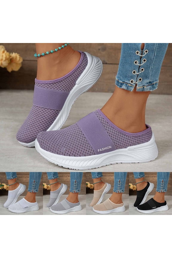 Orthopedic Mule Clogs for Women Stretch Knitted Platform Closed Round Toe Comfortable Breathable Air Cushion Walking Sliipers Open Back Wedge Heel Casual Mules Sneaker with Arch Support