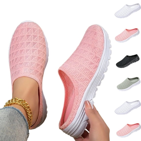 Orthopedic Mule Clogs for Women Summer Mesh Breathable Slip On Knitted Mule Sneakers with Arch Support Closed Round Toe Backless Flats Slippers Comfortable Walking Beach Slippers Sandals,Pink,39