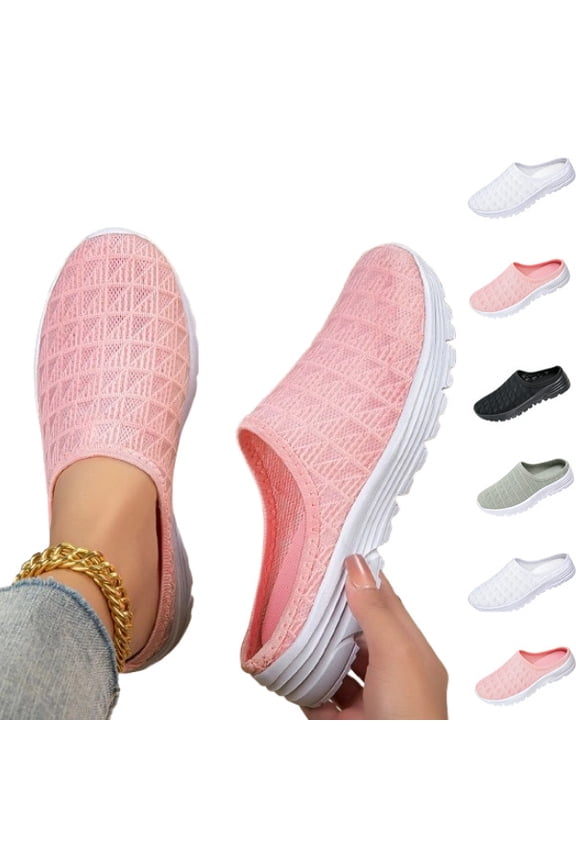 Orthopedic Mule Clogs for Women Summer Mesh Breathable Slip On Knitted Mule Sneakers with Arch Support Closed Round Toe Backless Flats Slippers Comfortable Walking Beach Slippers Sandals,Pink,36