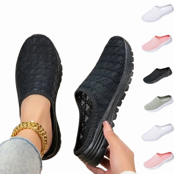 Orthopedic Mule Clogs for Women Summer Mesh Breathable Slip On Knitted Mule Sneakers with Arch Support Closed Round Toe Backless Flats Slippers Comfortable Walking Beach Slippers Sandals,Black,45