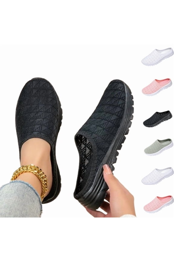 Orthopedic Mule Clogs for Women Summer Mesh Breathable Slip On Knitted Mule Sneakers with Arch Support Closed Round Toe Backless Flats Slippers Comfortable Walking Beach Slippers Sandals,Black,36
