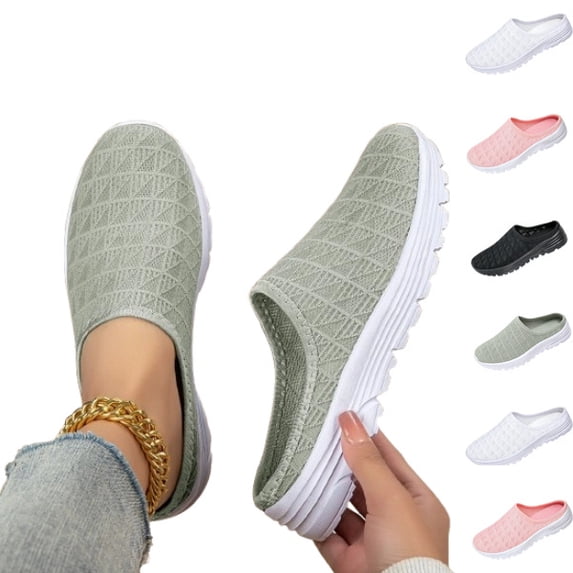 Orthopedic Mule Clogs for Women Summer Mesh Breathable Slip On Knitted Mule Sneakers with Arch Support Closed Round Toe Backless Flats Slippers Comfortable Walking Beach Slippers Sandals,Green,38