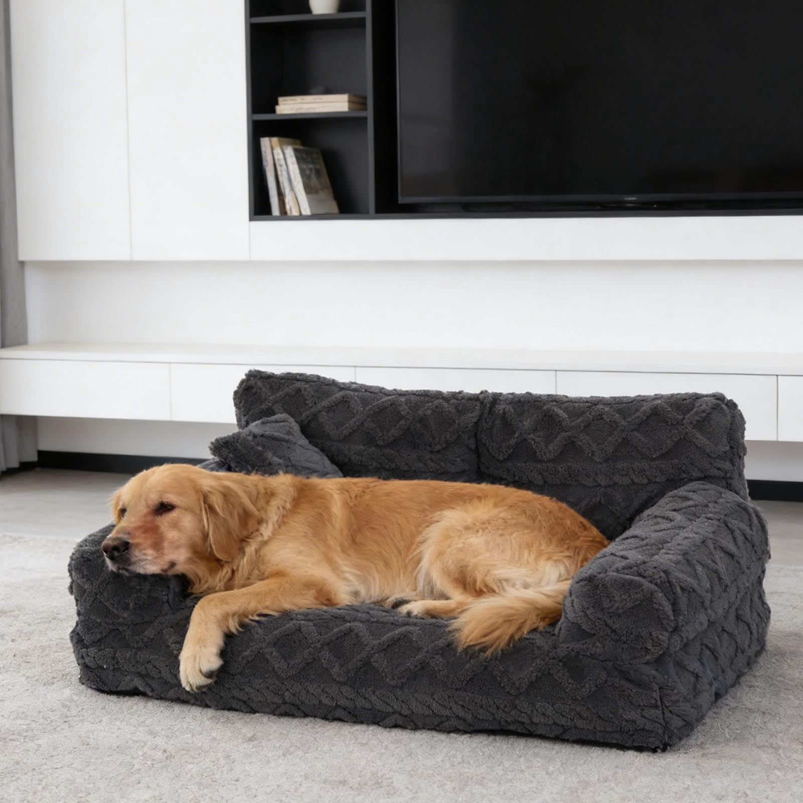 Orthopedic Pet Sofa Bed Removable Washable Plush Cushion Supportive Calming Sleeping Couch for Small Medium Dog Cat Indoor Rest Black - S