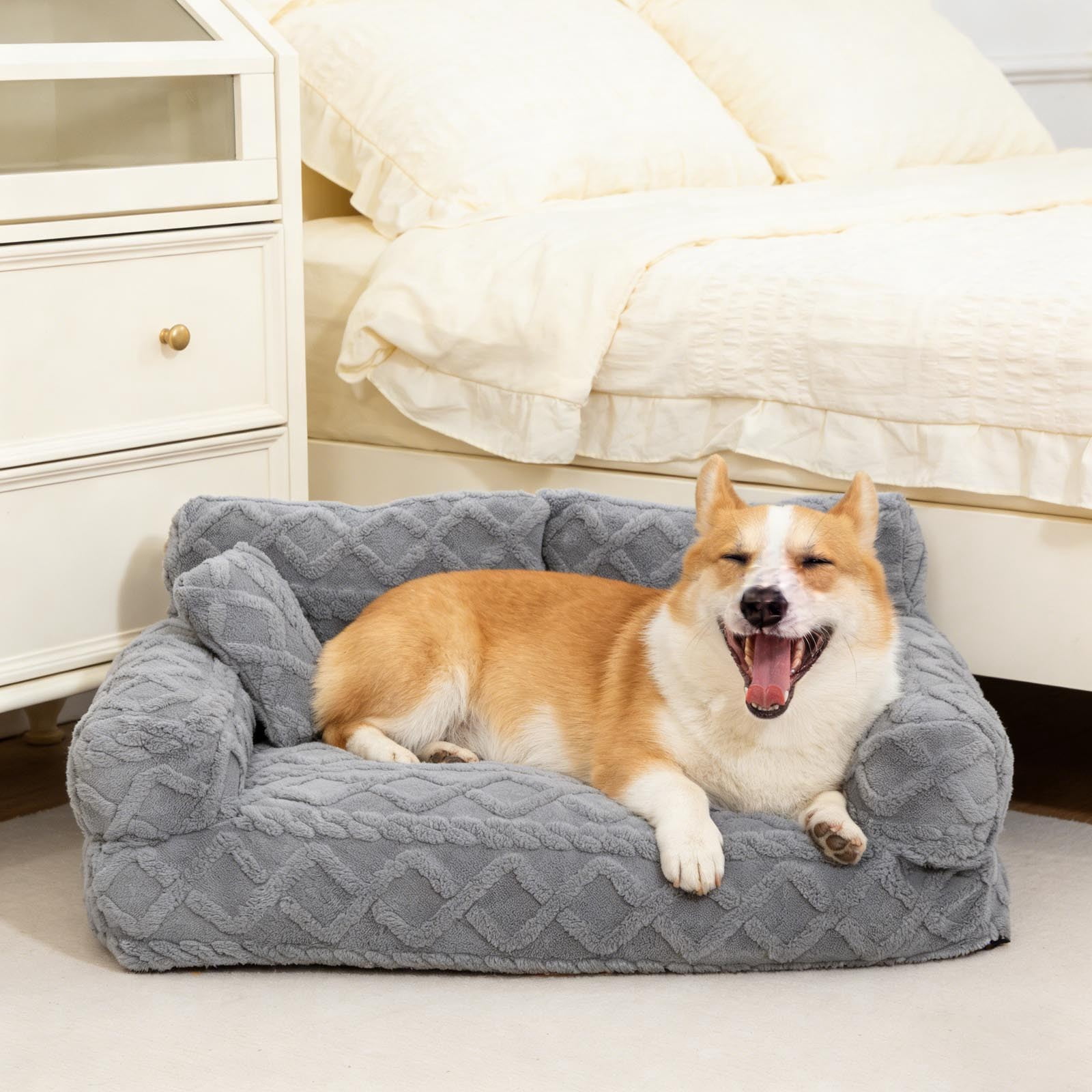 Orthopedic Pet Sofa Bed Removable Washable Plush Cushion Supportive Calming Sleeping Couch for Small Medium Dog Cat Indoor Rest Gray - M