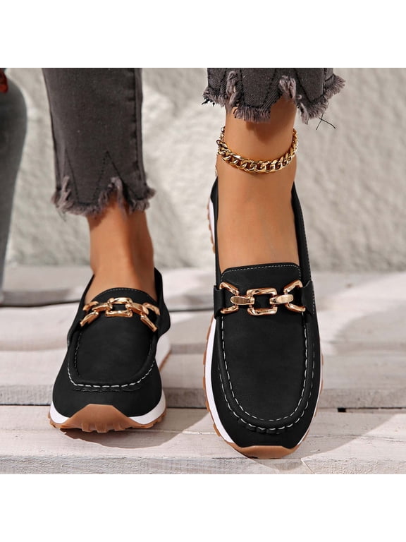 Orthopedic Platform Loafers Women with Chain, Round Retro Toe Comfortable Slip On Work Loafers Female Solid All-Match Shoes for Daily Wear Black Women Sandal