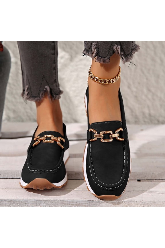 Orthopedic Platform Loafers Women with Chain, Round Retro Toe Comfortable Slip On Work Loafers Female Solid All-Match Shoes for Daily Wear Black Women Sandal