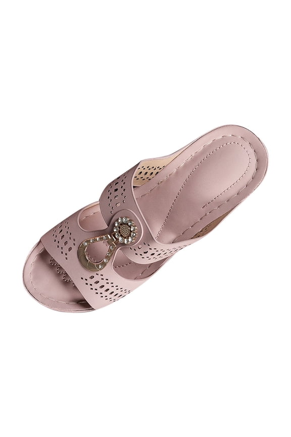 Orthopedic Rhinestones Heel Sandals, Women's Platform Chunky Heels Sandals, Summer Open Toe Slip on Wedge Dressy Slipper