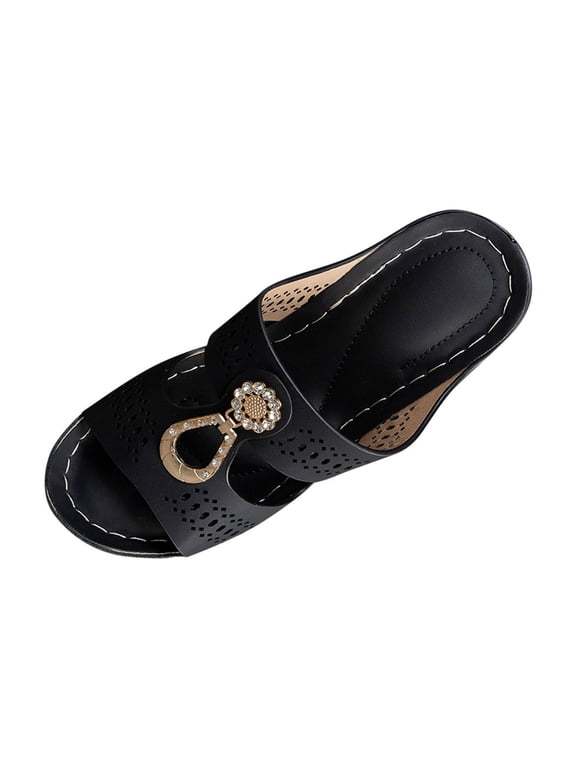 Orthopedic Rhinestones Heel Sandals, Women's Platform Chunky Heels Sandals, Summer Open Toe Slip on Wedge Dressy Slipper