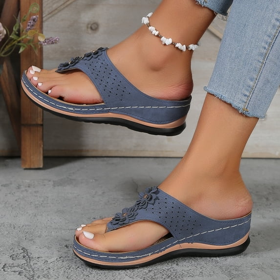 Orthopedic Sandals with Arch Support Flip Flops for Women Wedge Sandals Comfortable Walking Sandals Cushion Footbed Platform Sandals Dressy Summer Slip on Sandals Thong Sandals Casual Blue
