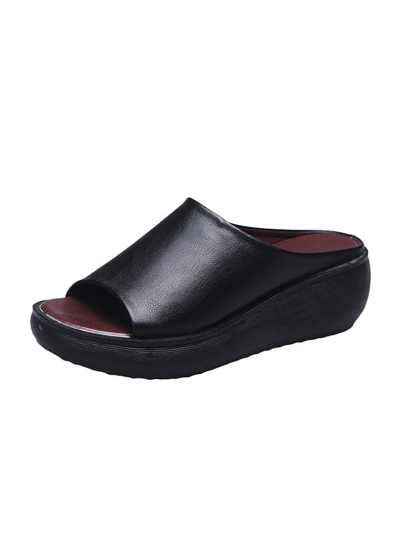Orthopedic Sandals Summer Comfortable Orthotic Leather Wedges Slides Dressy Platform Heel Arch Support Slip Sandals Black Women Sandal