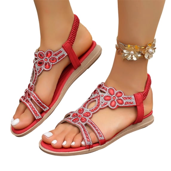 Orthopedic Sandals For Women 2026 Rhinestones Flat Sandals Dressy Comfort Walking With Non Slip On Casual Summer Beach Shoes Sparkling Jeweled Bohemian,Red Size 42