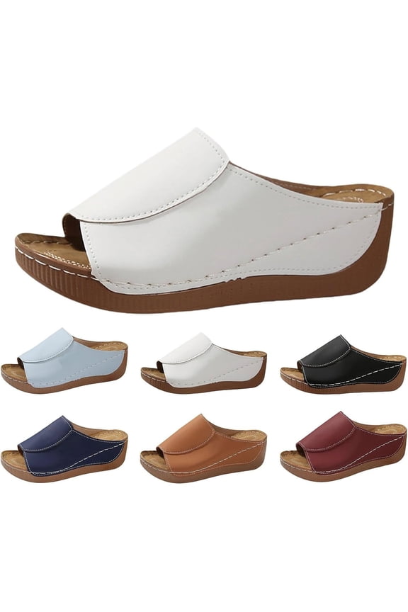 Orthopedic Sandals for Women, 2026 Summer Comfortable Orthotic PU Leather Wedges Slides Dressy Arch Support Slip On Platform Slippers Summer Beach Shoes Sandals