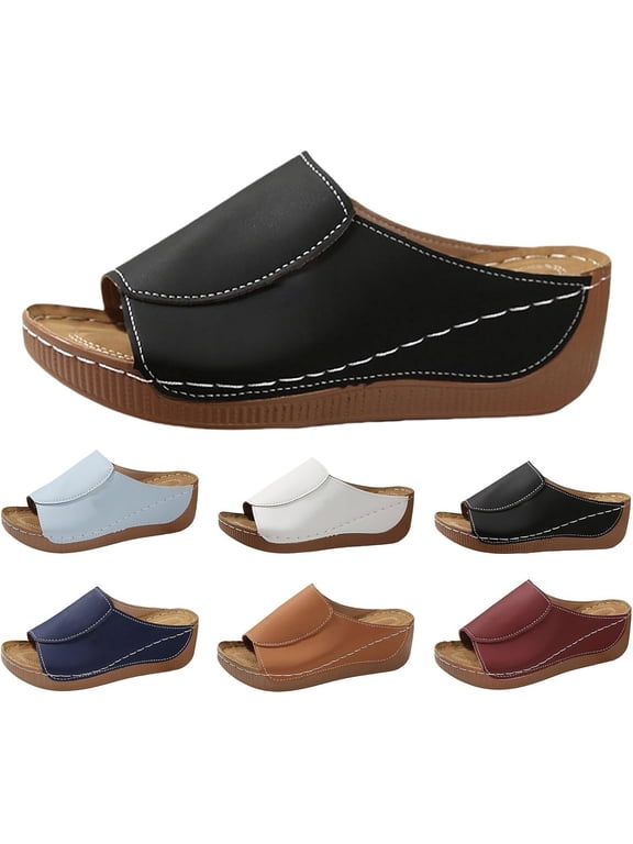 Orthopedic Sandals for Women, 2026 Summer Comfortable Orthotic PU Leather Wedges Slides Dressy Arch Support Slip On Platform Slippers Summer Beach Shoes Sandals