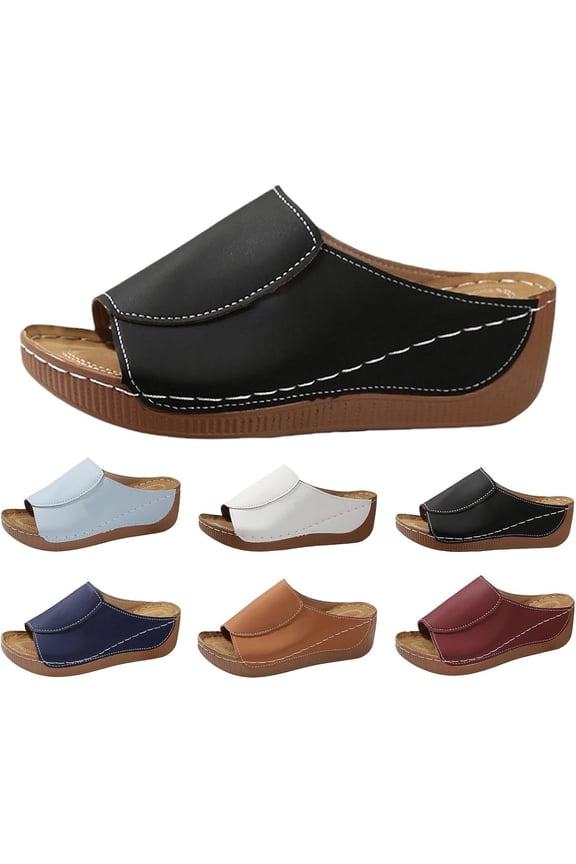 Orthopedic Sandals for Women, 2026 Summer Comfortable Orthotic PU Leather Wedges Slides Dressy Arch Support Slip On Platform Slippers Summer Beach Shoes Sandals