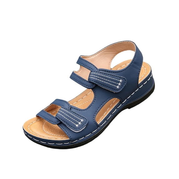 Orthopedic Sandals for Women Arch Support Wide Width Hook and Loop Adjustable Strappy Flat Wedge Comfortable Walking Shoes Open Toe Ankle Strap Summer Beach Footwear for Plus Size Women,Blue 38(US-7)