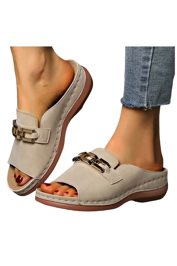 Orthopedic Sandals for Women Fashion Metal Chain Peep Toe Slides Nonslip Soft Sole Summer Outdoor Slippers Comfortable Arch Support Slip on Walking Shoes Beige Size 8