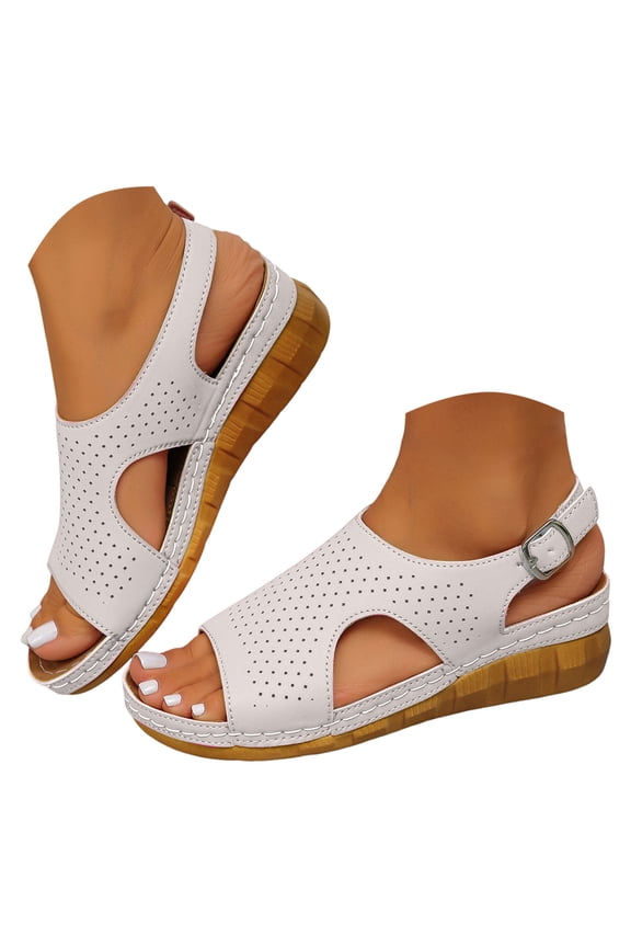 Orthopedic Sandals for Women Open Toe Breathable Hollow out Slingback Low Wedge Summer Beach Shoes Comfortable Arch Support Nonslip Walking Shoes White Size 9