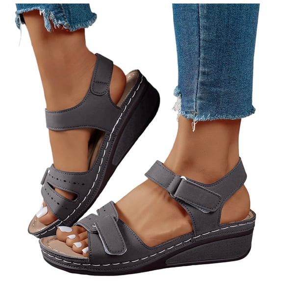 Orthopedic Sandals for Women Comfortable Low Wedges Breathable Footbed Arch Support Walking Shoes with Adjustable Strap Grey Size 7