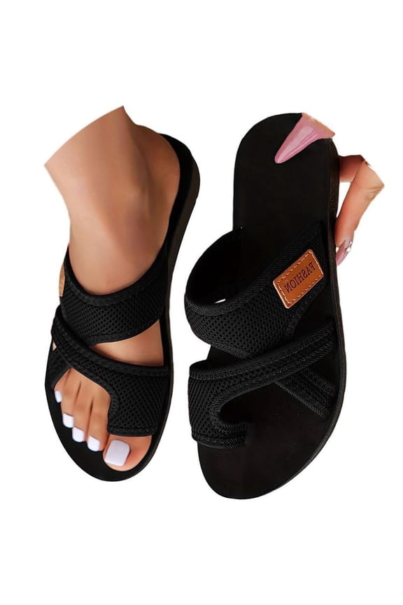 Orthopedic Sandals for Women Hollow Mesh Slide Shoes with Arch Support Comfortable Beach Flats Toe Ring Slippers