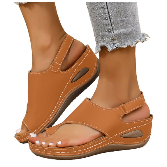 Orthopedic Sandals for Women Low Wedge Arch Support Flip Flops Hook and Loop Slingback Summer Outdoor Nonslip Walking Shoes Brown Size 9.5