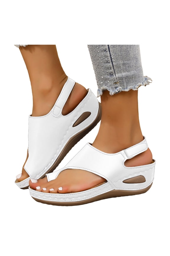 Orthopedic Sandals for Women Low Wedge Arch Support Flip Flops Hook and Loop Slingback Summer Outdoor Nonslip Walking Shoes White Size 9