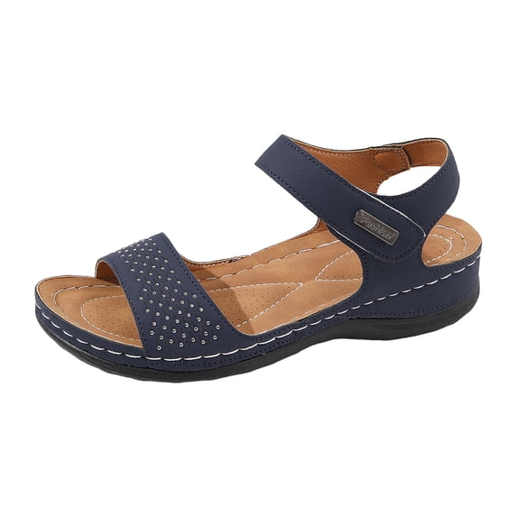 Orthopedic Sandals for Women Open Toe Rhinestone Band Slingabck Platform Wedges Breathable Footbed Arch Support Antislip Walking Shoes Blue Size 5.5