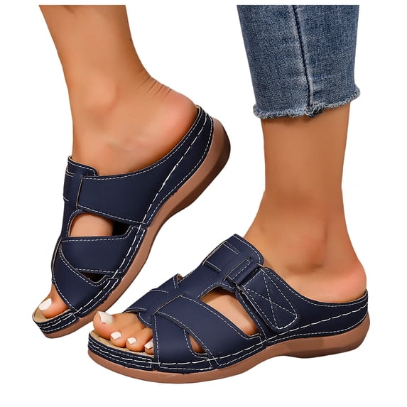 Orthopedic Sandals for Women Splice Leather Open Toe Slip on Slides Adjustable Low Wedge Walking Shoes Navy Size 7.5