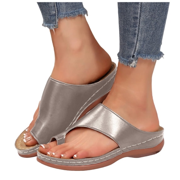 Orthopedic Sandals for Women Trendy Cutout Toe Ring Flip Flops with Arch Support Casual Low Wedge Slides Khaki Size 7.5