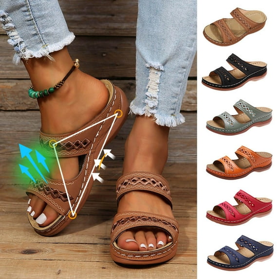 Orthopedic Sandals for Women, Women Walking Slippers with Arch Support Anti-Slip Breathable Sandals Vintage Casual Open Toe Wedge Sandal
