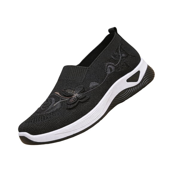 Orthopedic Shoes for Women Mesh Breathable Slip on Flats Butterfly Embroidered Sneakers Round Toe Arch Support Flats Summer Casual Comfortable Walking Shoes Black 43