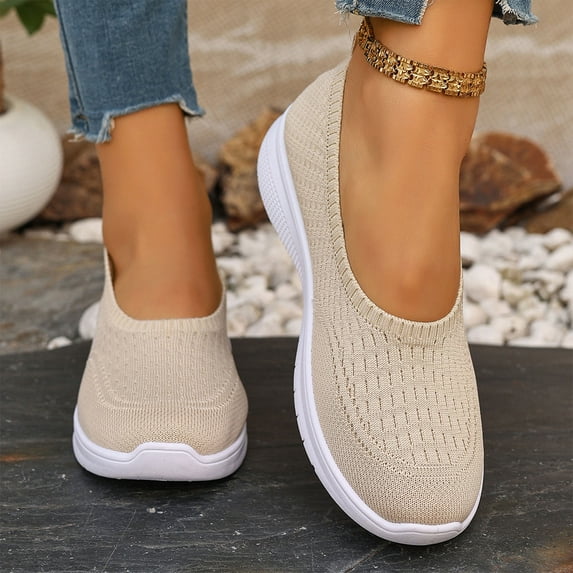 Orthopedic Shoes for Women,Orthopedic Dress Shoes for Women,Women’s Knitted Flat Walking Shoes Comfortable Slip On Mesh Lightweight Low Heel Sneakers Casual Soft Gym Nurse Work Mom Loafers,Beige,5.5