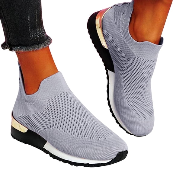 Orthopedic Shoes for Women Wide Width, Air Cushion Slip-On Walking Shoes for Women,Orthopedic Diabetic Walking Shoes With Arch Support,Casual Breathable Knit Mesh Wedge Platform Sneaker, Gray 9