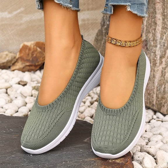 Orthopedic Shoes,Womens Slip On Walking Shoes,Women’s Knitted Flat Walking Shoes Comfortable Slip On Mesh Lightweight Low Heel Sneakers Casual Soft Gym Nurse Work Mom Loafers,Green,7