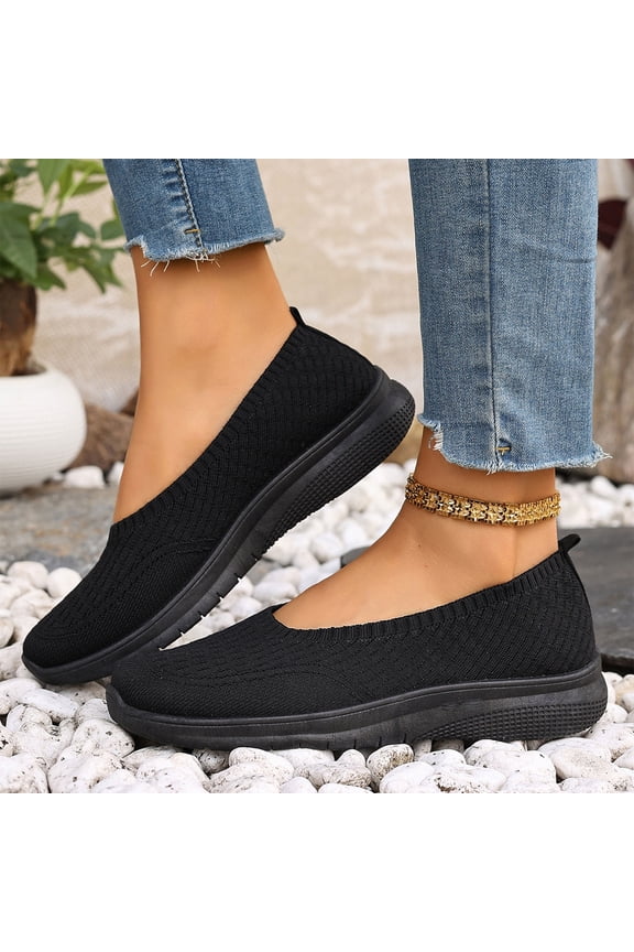 Orthopedic Shoes,Womens Slip On Walking Shoes,Women’s Knitted Flat Walking Shoes Comfortable Slip On Mesh Lightweight Low Heel Sneakers Casual Soft Gym Nurse Work Mom Loafers,Black,5.5