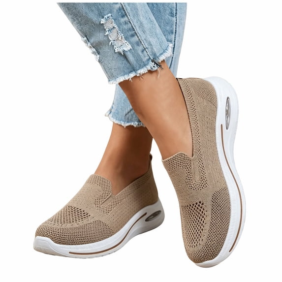 Orthopedic Shoes for Women Wide Width Knitting Flat Slip on Loafers Soft Breathable Lightweight Mesh Walking Sneakers with Arch Support Brown Size 6