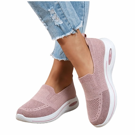 Orthopedic Shoes for Women Wide Width Knitting Flat Slip on Loafers Soft Breathable Lightweight Mesh Walking Sneakers with Arch Support Pink Size 8
