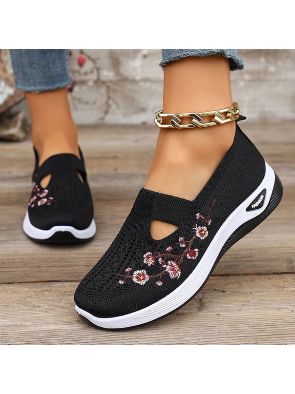 Orthopedic Shoes for Women,Women Wide Width Breathable Walking Comfortable Slip on Sneakers,Non Slip Arch Support Slip on Shoes Black 9.5
