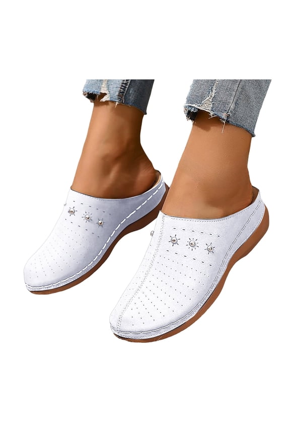 Orthopedic Slides for Women Closed Toe Hollow out Mules Trendy Studded Slip on Slippers Low Wedge Sandals Casual Beach Shoes White Size 9