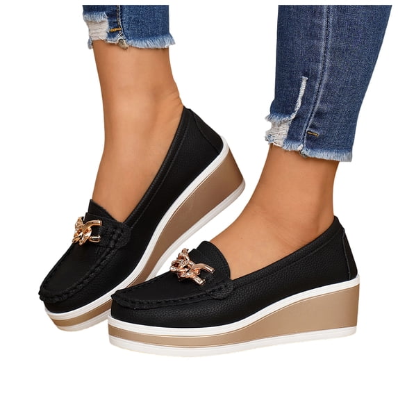 Orthopedic Slip on Loafers for Women Platform Casual Round Toe Walking Fashion Shoes Comfortable Flat Dress Boat Shoes 3-Black Size 6.5