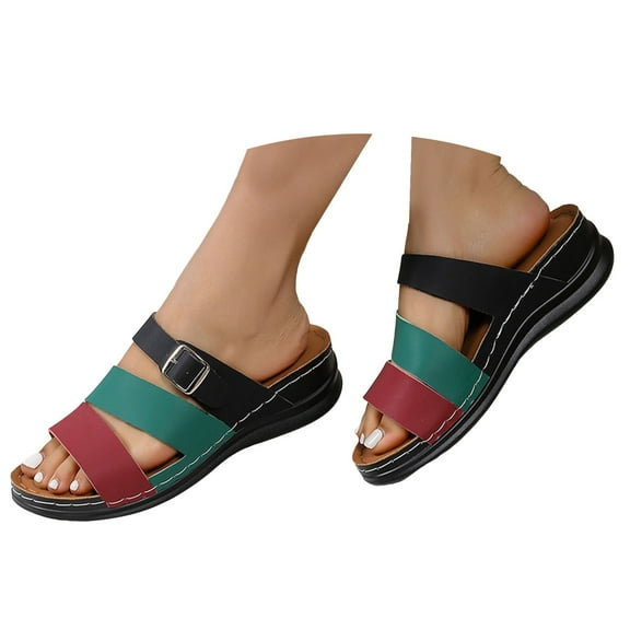 Orthopedic Slip on Sandals for Women 2025 Comfortable Leather Color Block Beach Casual Wedge Mid Heel Sandals